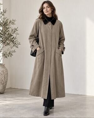 VTG Anne Klein Long Tan Trench Coat Sz 16 Wool Liner Black Velvet Collar & Cuff
